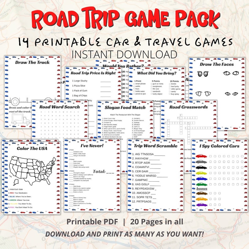Road Trip Games Printable, Road Trip Games for Kids, Travel Games