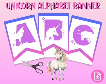 Printable Alphabet Banner Letters and Numbers, Unicorn Banner, Classroom Decor Printable,  Unicorn Party Signs,Alphabet Classroom Wall Art,