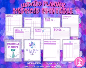Mermaid Printable Undated Planner,  Mermaid Planner, Daily Organizer, Weekly Planner Printable, Print at Home Planner with Journal Pages