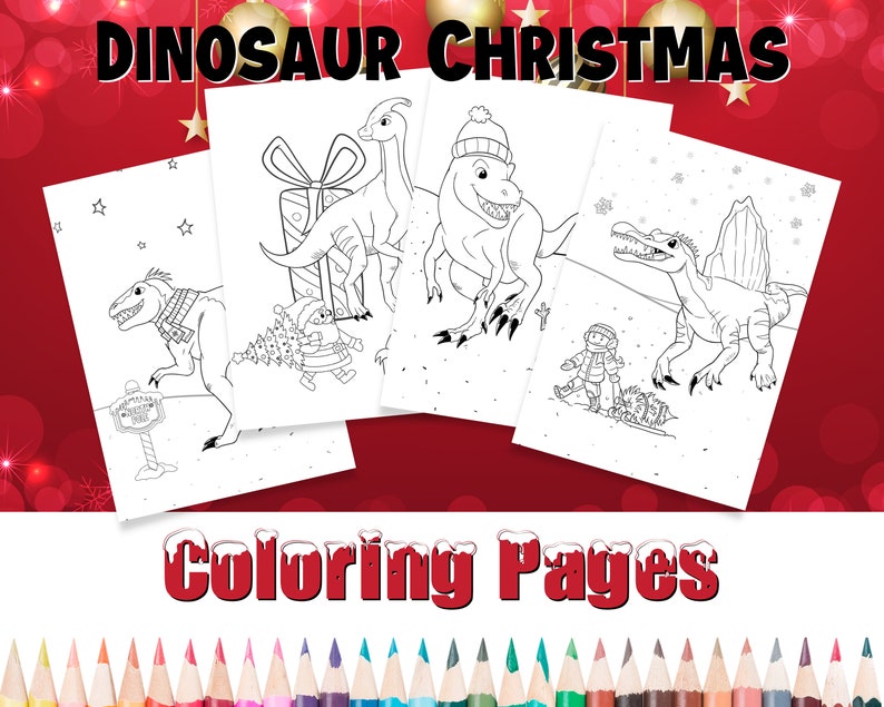 Christmas Dinosaur Coloring Pages Printable Christmas Etsy