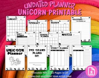 Planner senza data stampabile con unicorno, Planner unicorno, Organizzatore giornaliero, Planner settimanale stampabile, Planner stampa a casa con pagine di diario