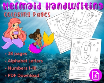 Mermaid Printable Handwriting Worksheets, Mermaid Coloring Pages, Educational Coloring, Coloring Sheets for Kids, print at home, pdf print