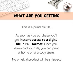 May include: Text on a peach background that reads "WHAT ARE YOU GETTING". Below the text is a description of a printable file that is available as a digital download in PDF format. The text states that no physical product will be shipped.