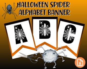Spider Halloween Party Sign, Printable Alphabet Banner Letters and Numbers, Halloween Party Banner, Spider Printable, Spider Wall Art,