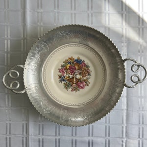 Antique Floral tray, Vintage decor, White Gold 22K Hand wrought Farberware, One of a kind pre owned floral aluminum dish