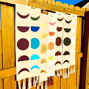 Handmade Moon Phase Fabric Tapestry Scroll Wall Hanging with Tassels and Wood Beads