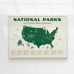 May include: A rectangular wall poster titled NATIONAL PARKS of the United States of America. The map features a dark green United States with small tree icons marking park locations, set against a light cream background with wood grain texture.