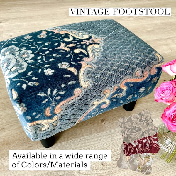Vintage Footstool Upholestered in floral fabric, mutliple colors available, handmade footrest, home decor, boho decor, neutral aesthetic