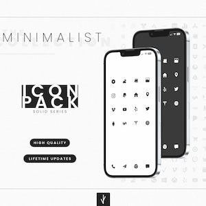 Może przedstawiać: Makieta dwóch smartfonów wyświetlająca minimalistyczny pakiet ikon na białym tle. Ikony są czarno-białe i zawierają popularne logo mediów społecznościowych i aplikacji. Tekst "ICON PACK SOLID SERIES" jest wyświetlany pod telefonami.