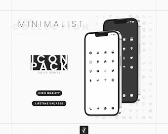 May include: A mockup of two smartphones displaying a minimalist icon pack with a white background. The icons are black and white and include popular social media and app logos. The text "ICON PACK SOLID SERIES" is displayed below the phones.