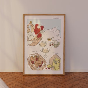 Kwiatowy nadruk na wino i ser Cottagecore Picnic | Sztuka do druku | Nadruk cytrynowy | Nadruk letnich owoców | Sztuka chleba i ciast | Romantyczne czerwone róże