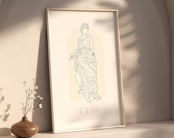 May include: A framed art print featuring a minimalist line drawing of a classical figure, labeled "CLIO". The artwork is set against a soft beige background with a light beige arch. The frame is a light wood color, and the print is displayed on a shelf.