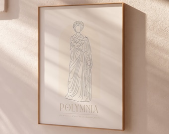 May include: A framed print with a line drawing of a woman in a robe. The text "POLYMNIA" is below the drawing.