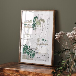 May include: A framed illustration of a bathroom with a bathtub, plants, and a tiled floor. The illustration is in black and white with green accents.