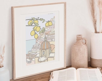 Positano Italia Impresión de arte / Arte de pared imprimible / Wanderlust Home Decor / Impresión de arte de viaje / Impresión de limones de la costa de Amalfi / Decoración de viaje de Italia