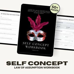 May include: A black and white digital tablet displaying a workbook titled "Self Concept Workbook" with a red and white masquerade mask on the cover. The text "Learn the Law of Assumption to Manifest the Life You Can't Stop Thinking About" is also on the cover. The tablet is on a white background.