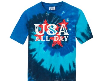 Tie dye USA shirt, youth Independence Day, matching kid tshirt, find your child top, 4th of July, Fourth fireworks America, all day tie-dye