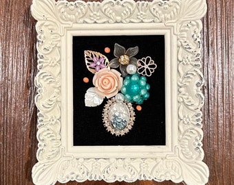2”x3” Handmade Framed Vintage Jewelry Art Flowers