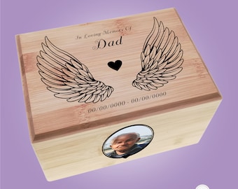 Dad Ashes Cremation Urn With Photo & Angel Wings Funeral Keepsake - Ver 6