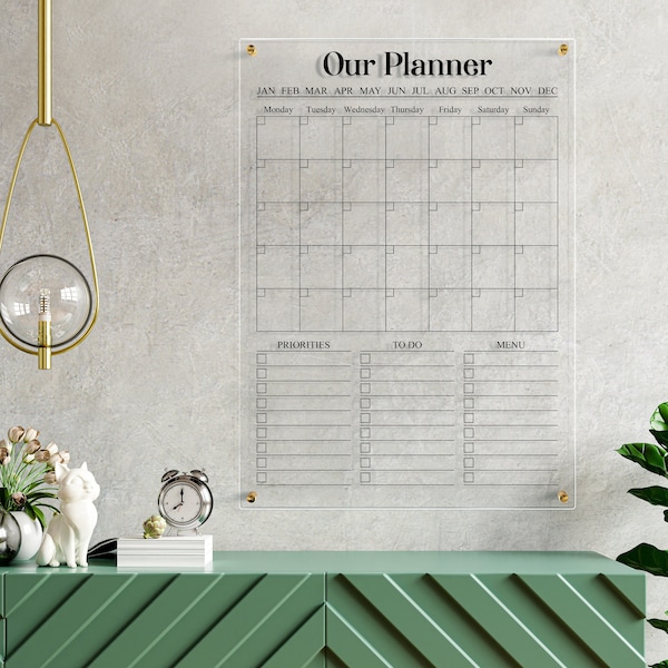 Custom Acrylic Monthly Calendar | Personalized Calendar For Wall | Family Planner 2023 | Vertical Dry Erase Board With Side Notes