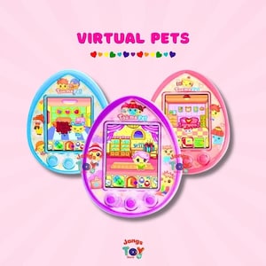 May include: Three virtual pet toys shaped like eggs. The toys are blue, purple and pink. Each toy has a screen displaying a cartoon character. The text "Toume Pet" is on each toy.