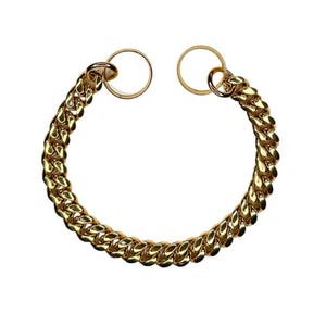 Może przedstawiać: Złoty łańcuszkowy obroża dla psa z dwoma okrągłymi metalowymi klamrami.