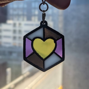 Peut inclure: Un charme hexagonal de couleur violet, blanc, jaune et marron avec un cœur jaune au centre. Le charme est attaché à une chaîne argentée.