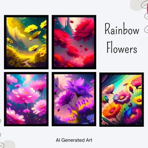 Puede incluir: Un conjunto de seis impresiones de arte digital que presentan flores coloridas en un esquema de colores arcoíris. Las impresiones están enmarcadas en negro y llevan las etiquetas "Rainbow Flowers" y "AI Generated Art".