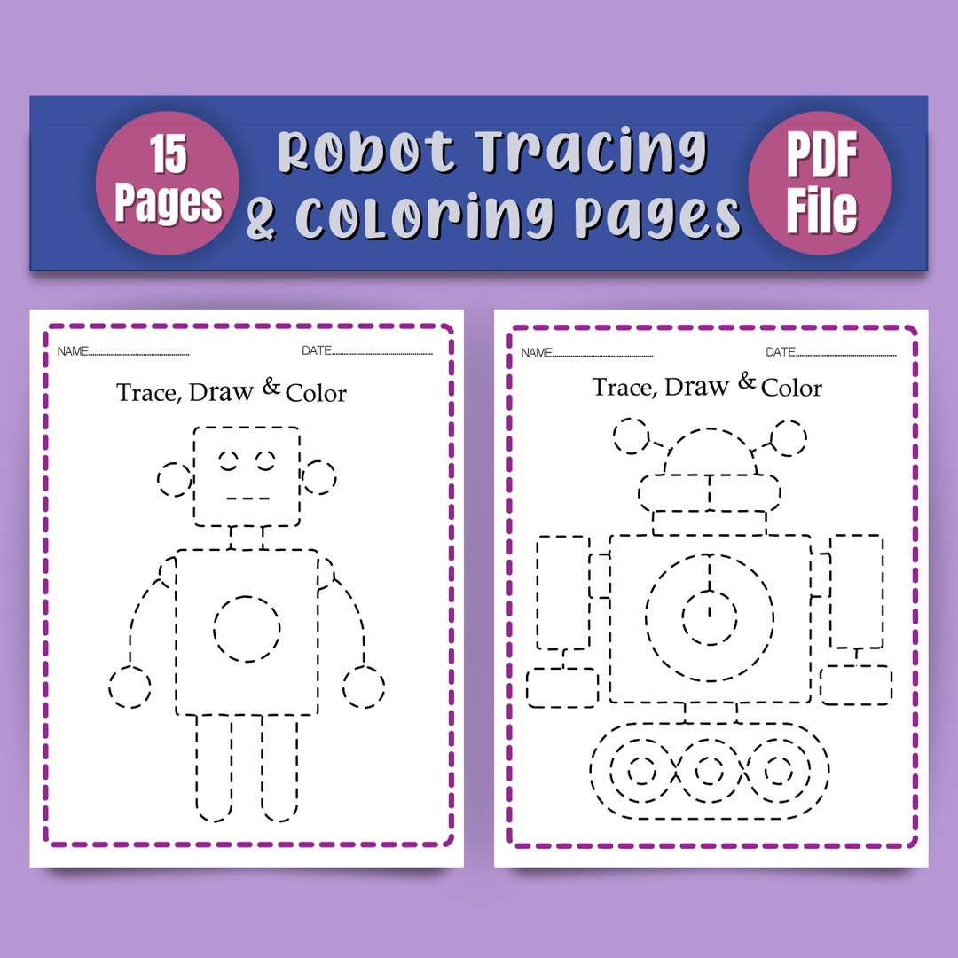 Robot Tracing Coloring Pages Toddler Writing Practice Printable PDF