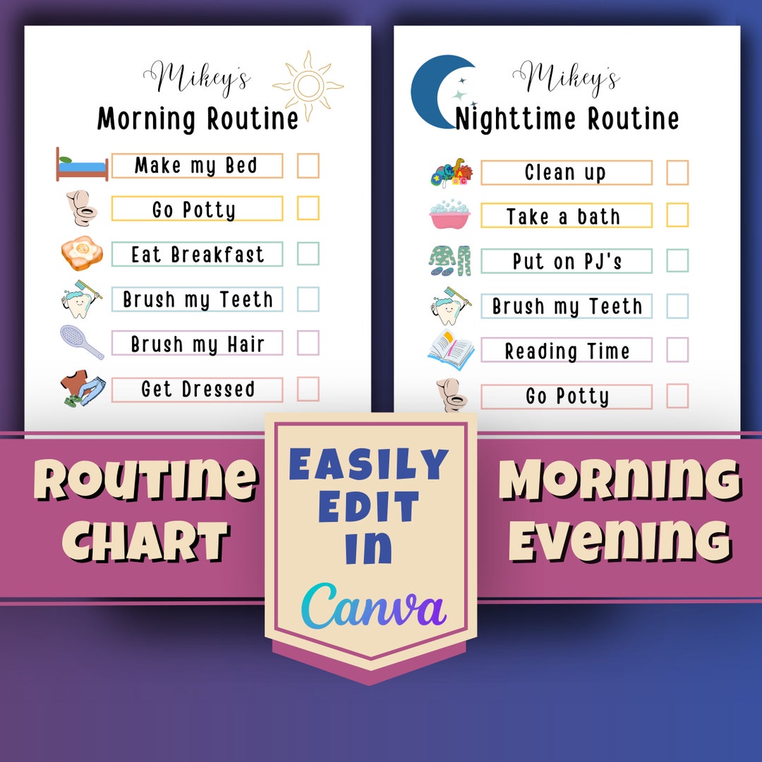 Child Routine Chart Editable Kids Routine Chart: Editable Morning & Bedtime Checklist (canva PDF) - Etsy