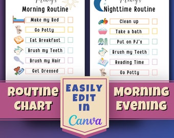 May include: Two printable routine charts, one for morning and one for nighttime, with illustrations and check boxes. The morning chart includes tasks like making the bed and brushing teeth. The nighttime chart includes tasks like taking a bath and reading.