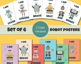 Könnte beinhalten: Set aus sechs Roboter-Postern in zwei Farbvarianten. Jedes Poster zeigt eine Roboter-Illustration mit den Worten "I AM" und einem positiven Adjektiv wie "Geliebt", "Stark", "Mutig", "Albern", "Artig" oder "Schlau".