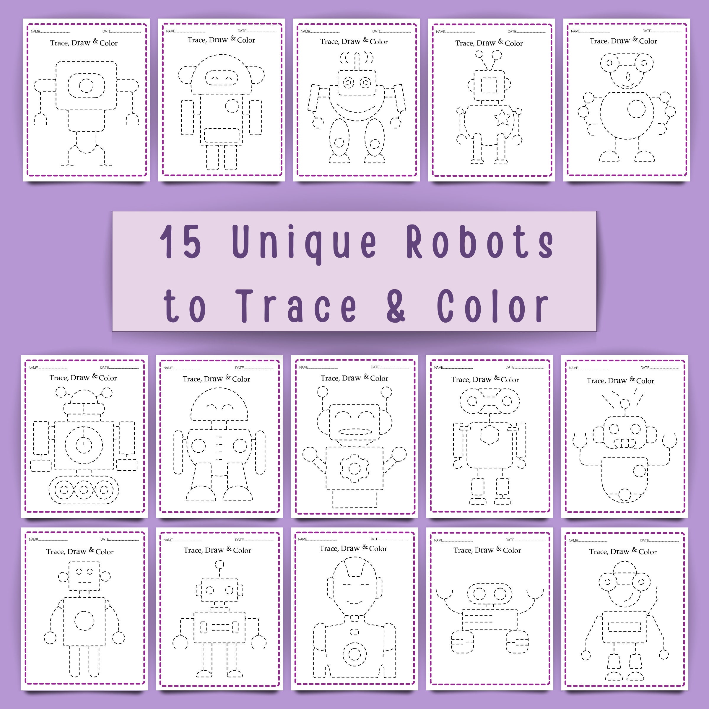 Robot Tracing Coloring Pages Toddler Writing Practice Printable PDF