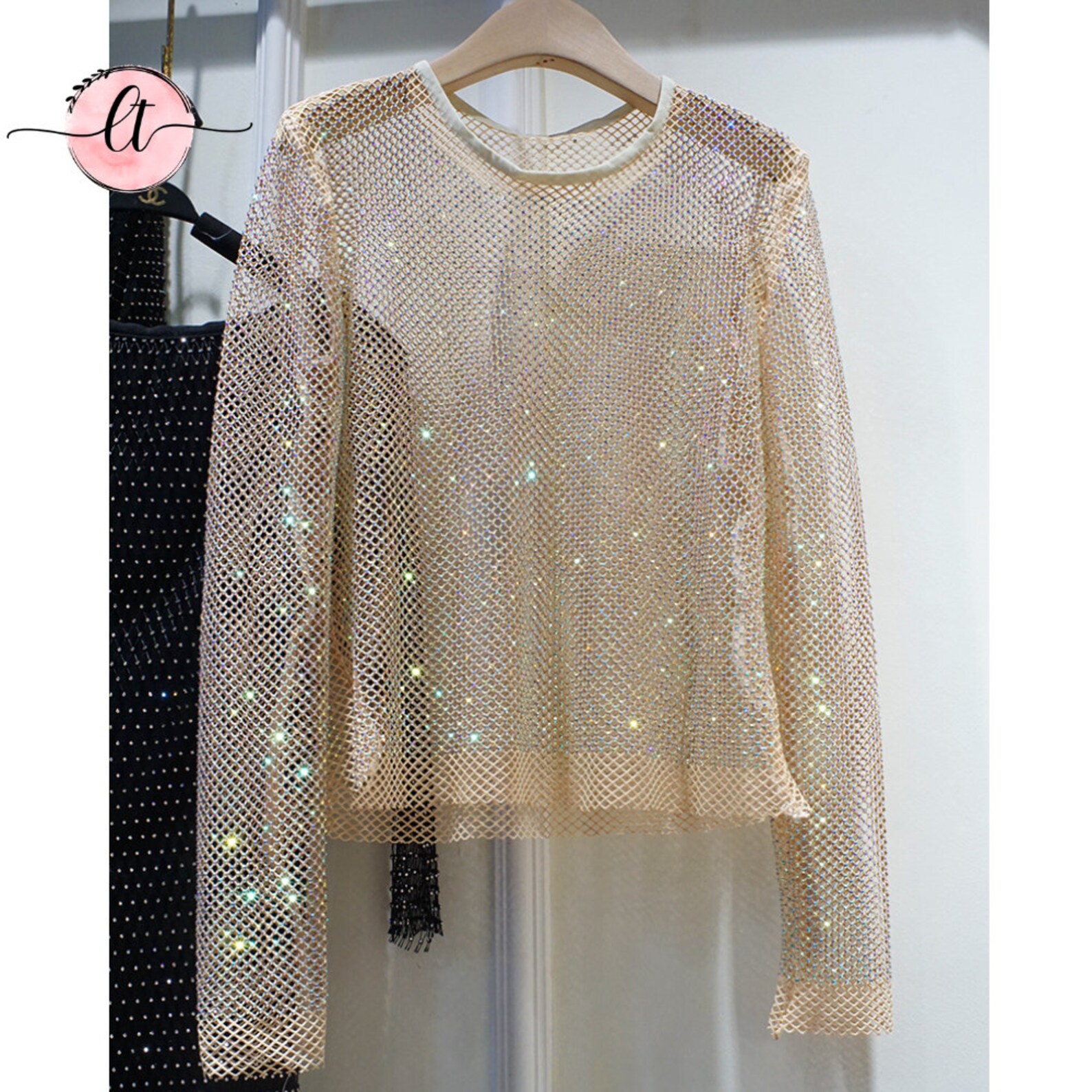 Holographic Rhinestone See Through Long Sleeve Top sparkly - Etsy