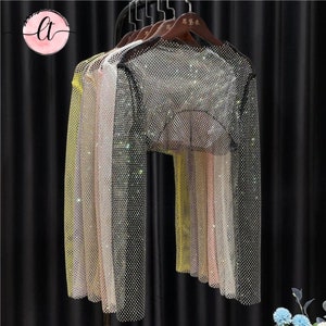 Rhinestone see through long sleeve crop top - Sparkly glitter diamond fishnet shirt- Colorful sheer shawls crystal Y2K top - Iridescent vest