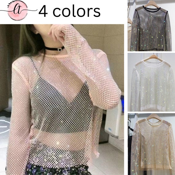 Holographic Rhinestone See Through Long Sleeve Top sparkly Glitter Diamond Fishnet  Shirt-colorful Sheer Shawls Crystal Shiny Top Iridescent 