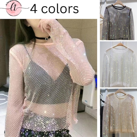 Holographic Rhinestone See Through Long Sleeve Top sparkly Glitter Diamond Fishnet  Shirt-colorful Sheer Shawls Crystal Shiny Top Iridescent -  Canada