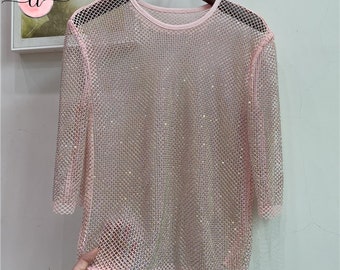 Rhinestone see through top - Sparkly glitter diamond fishnet shirt- Colorful sheer shawls crystal Y2K crop top - Iridescent short sleeve