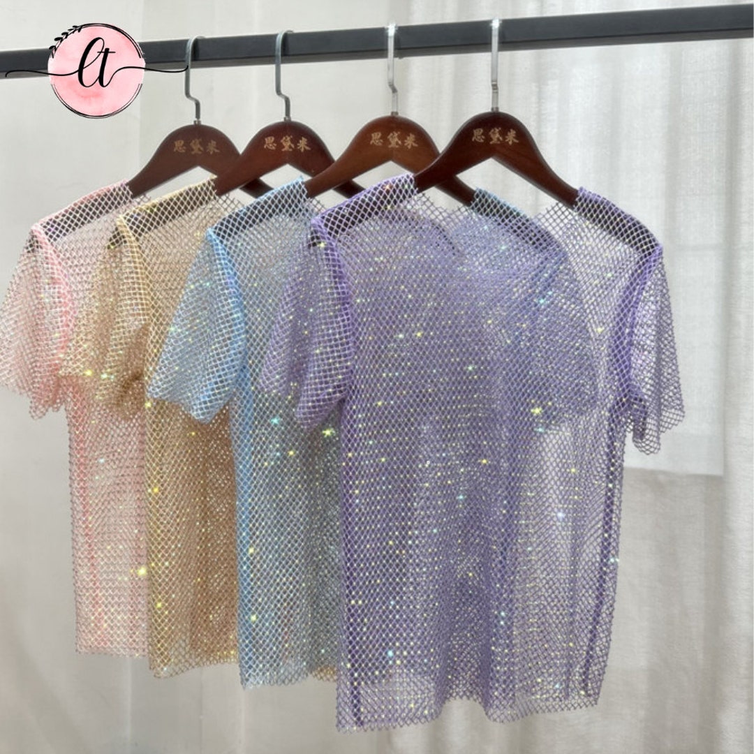 Rhinestone See Through Top Sparkly Glitter Diamond Fishnet Shirt ...