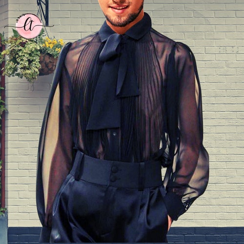 Black Mesh Long Sleeve Shirt With Tie Sheer Man Shirt See - Etsy UK