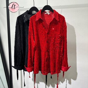 Red Men Sequins long sleeve shirt * Summer New Fashion Casual Top * Single Breasted Loose Blouse Solid Color fashion top Gift for him