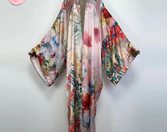 Pink long floral kimono - Spring kimono - Batwing Sleeve Kimono Mujer - Bohemian Kaftan Dress -  Long Sleeve Cardigan Beach Cover up