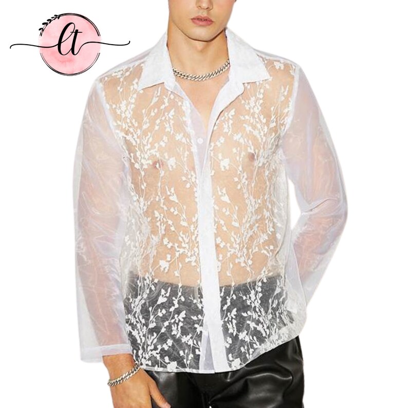 White See Through Button up Shirt Floral Mesh Long Sleeve Etsy