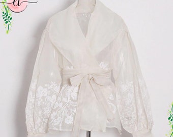 See through blazer - white apricot sheer jacket -  Lantern Long Sleeve Blouse - women mesh tops - Floral Print Vintage shirt with bow tie