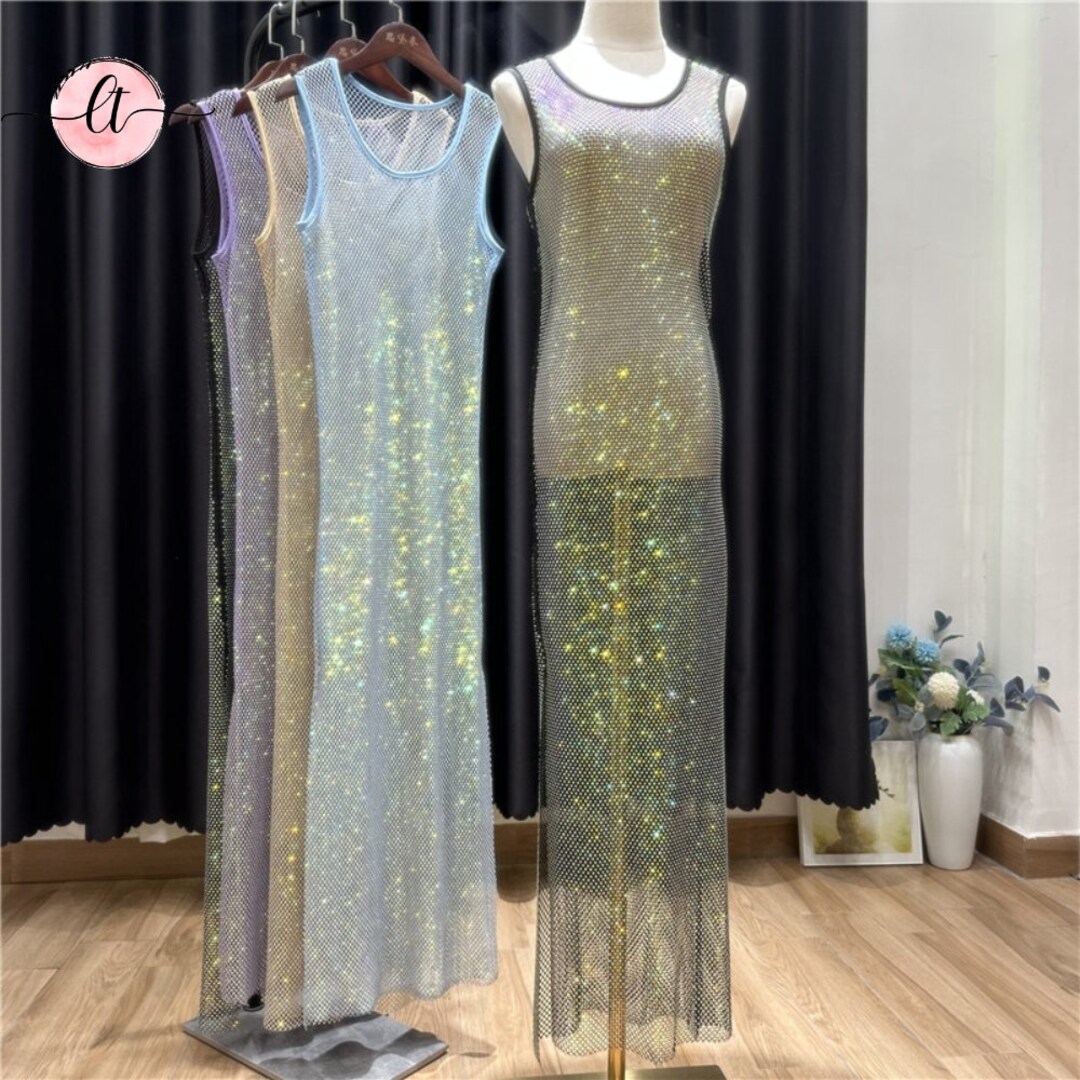 Spring Rhinestone Women Clothing Mesh See through Long Sleeve Split Maxi Dress main image 1