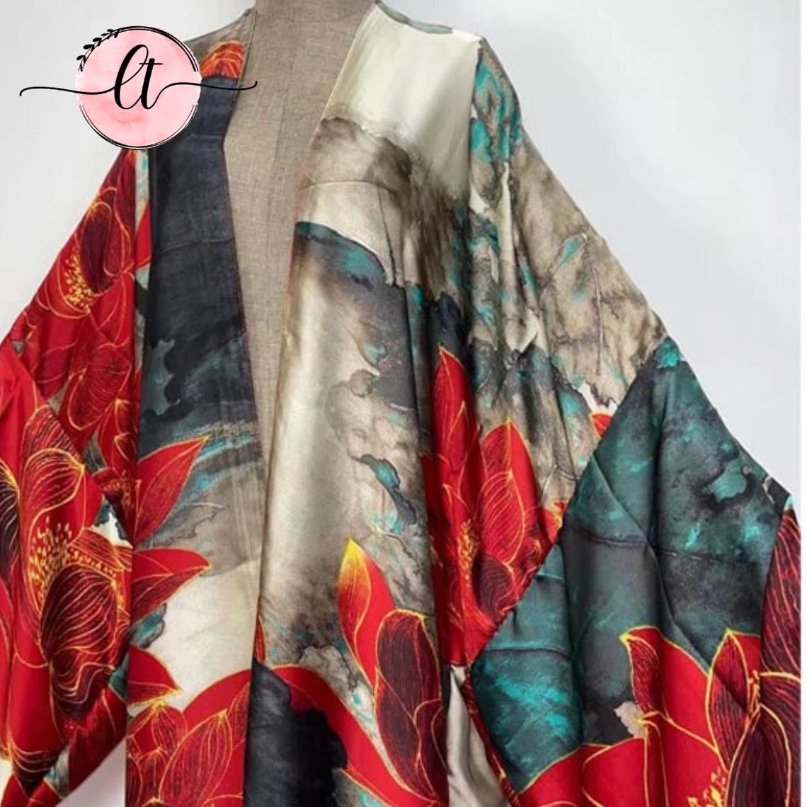 Red Long Floral Kimono Lotus Kimono Batwing Sleeve Kimono - Etsy