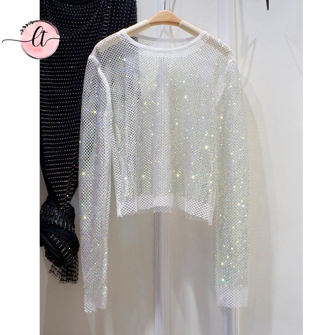 Holographic Rhinestone See Through Long Sleeve Top sparkly - Etsy