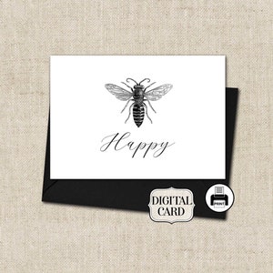 Bee Happy Note Card- Digital Printable Card-Bee Vintage Clip Art