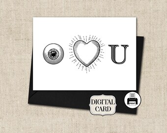 Printable Love Note- Love Vintage illustration Greeting Card- Instant Downloadable PDF- Digital Printable Card- cut and fold card