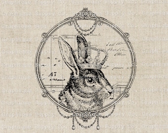 Rabbit clipart crown clip art-Vintage illustration Printable PNG JPEG 300dpi iron on fabric transfer
